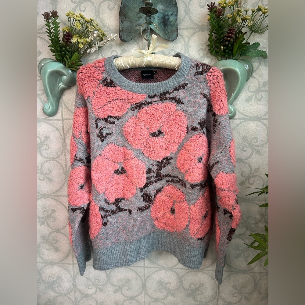 Cliché XL Floral Sweater Gray Pink Wool Blend Cozy Pullover